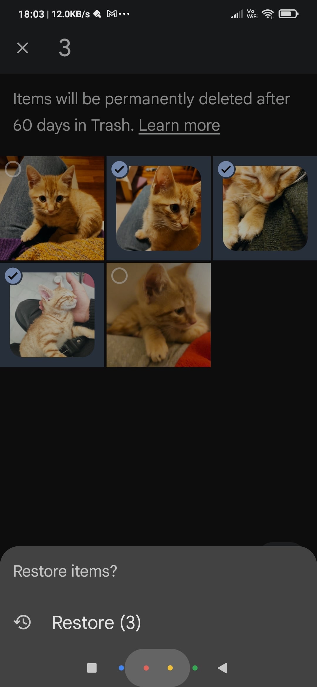 Google Photos Restore Option Selected