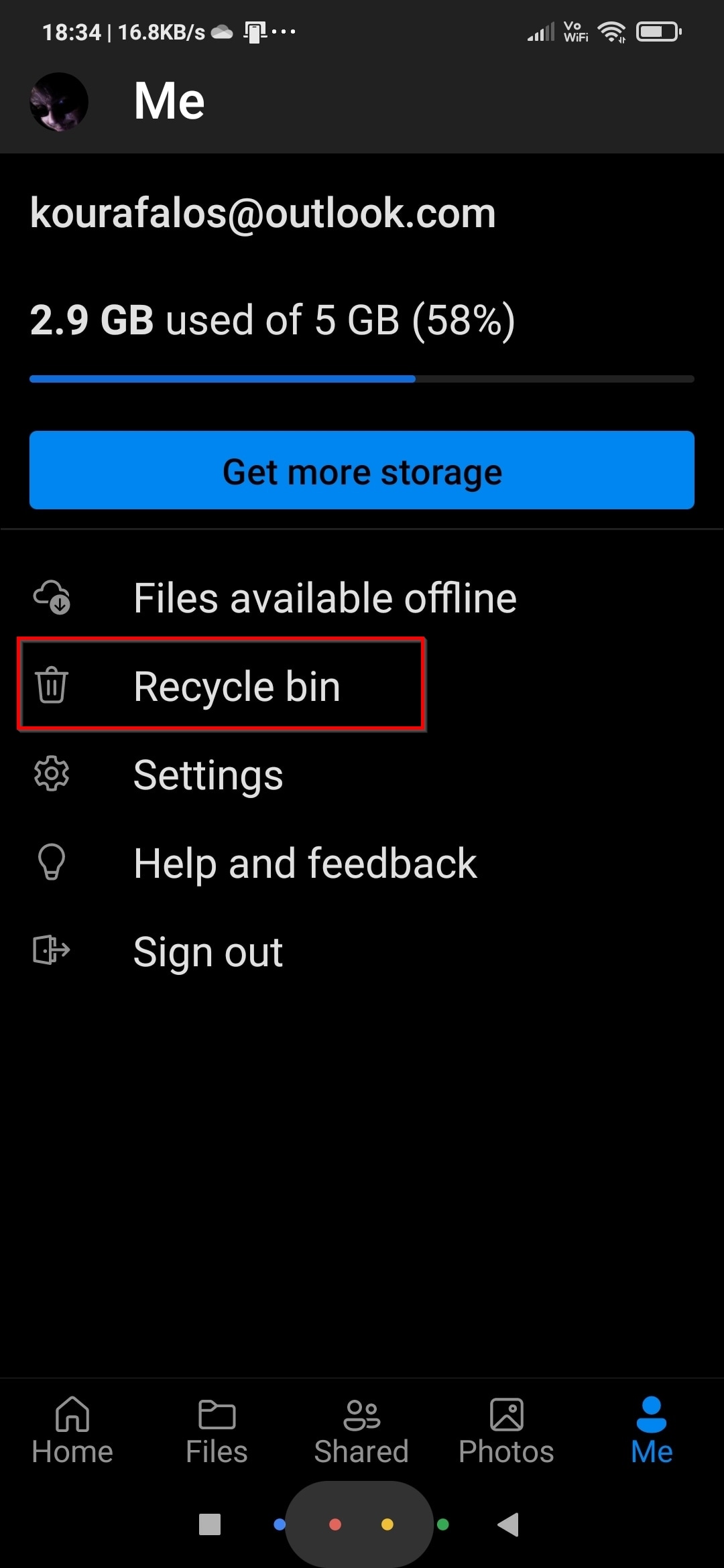 OneDrive Menu With Recycle Bin Option