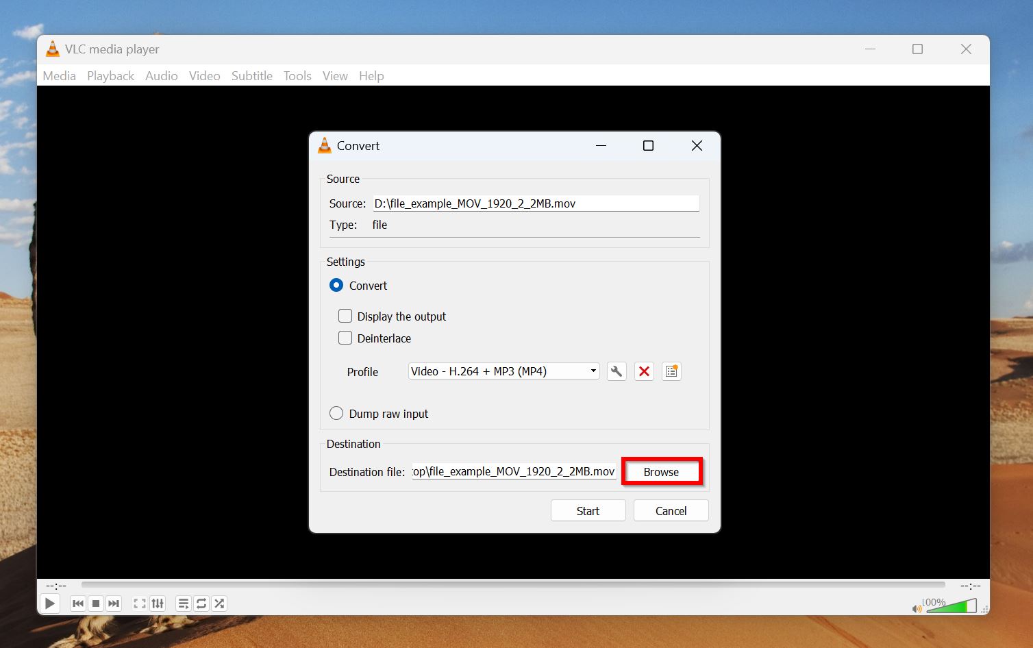 VLC conversion window with 'Browse' destination option highlighted.