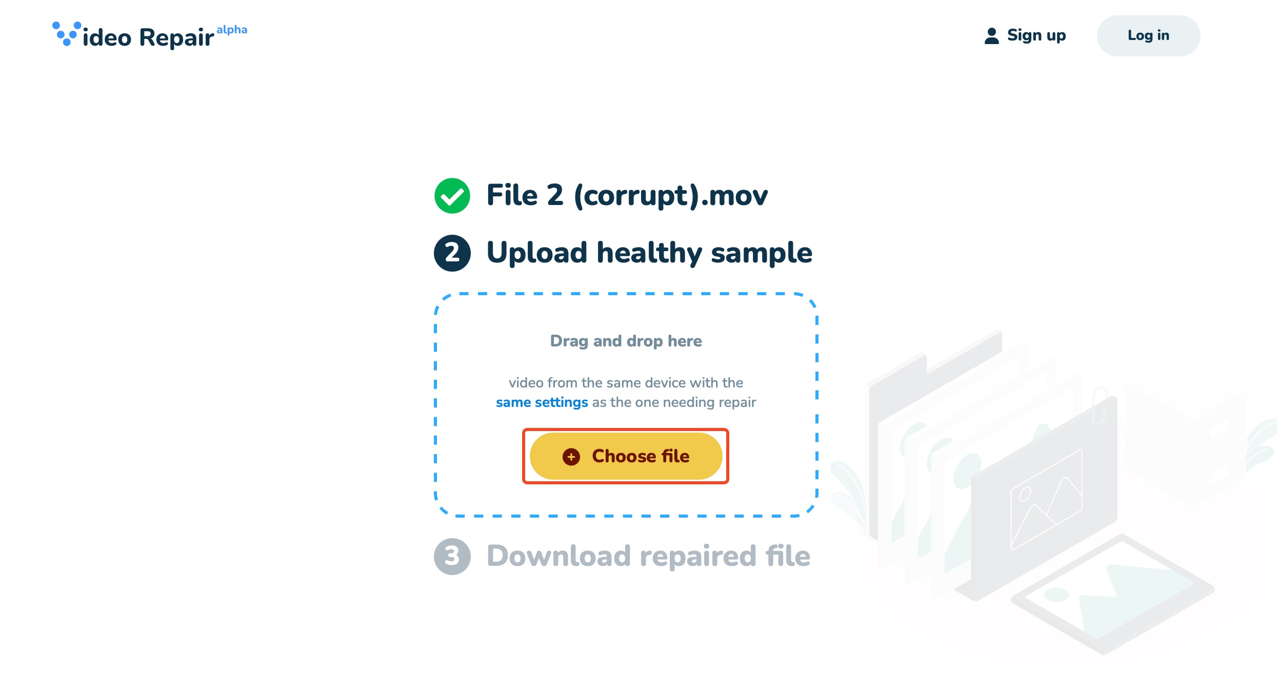 Upload healthy video sample screen with 'Choose file' button highlighted.