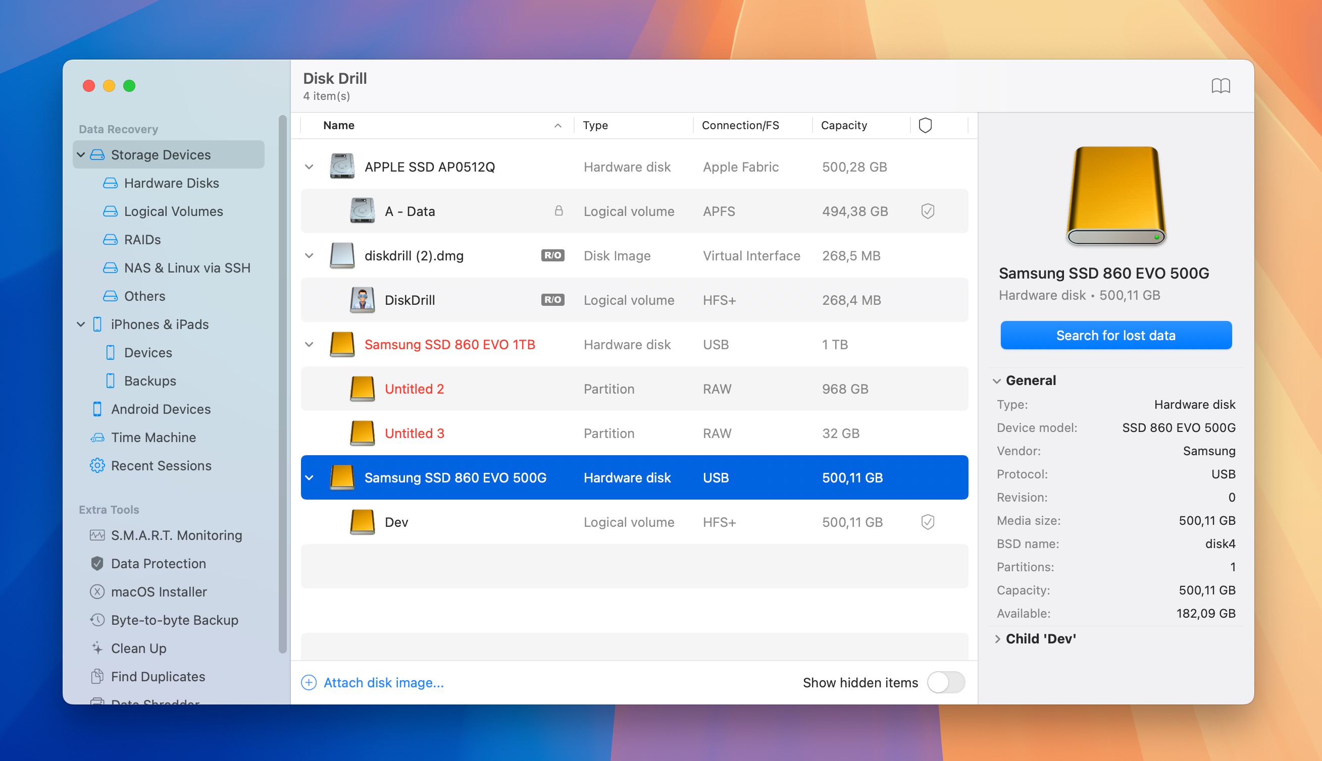 disk drill external ssd selected