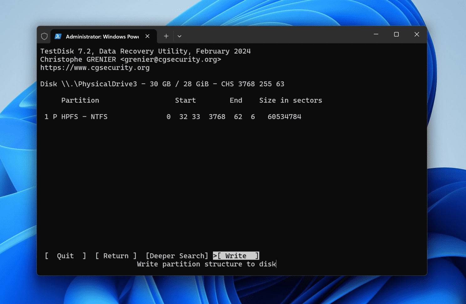 Write partition in TestDisk