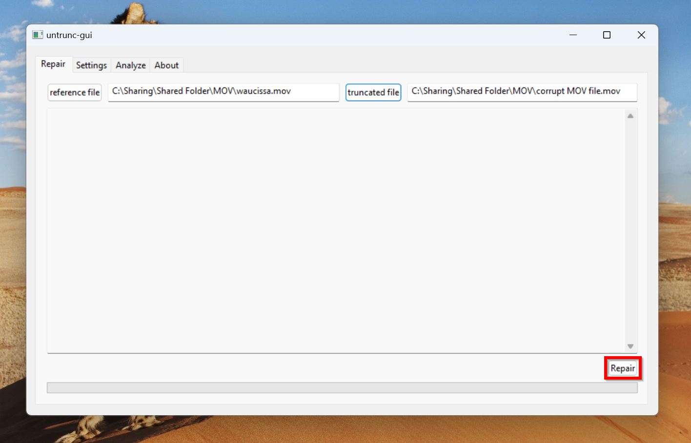 Untrunc-GUI window with 'Repair' button highlighted.