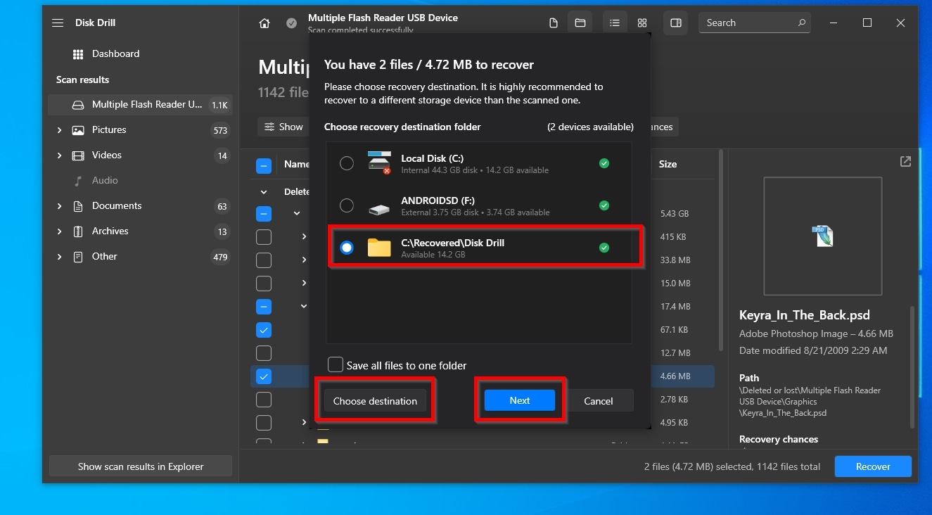 Disk Drill Selecting Destination Folder For Recovery