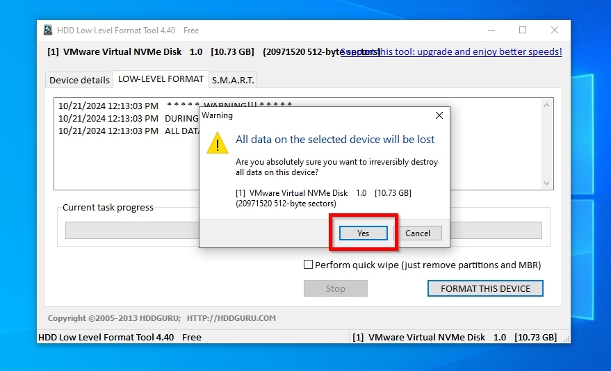 HDDGuru Low Level Format Tool Acknowledging Data Will Be Lost