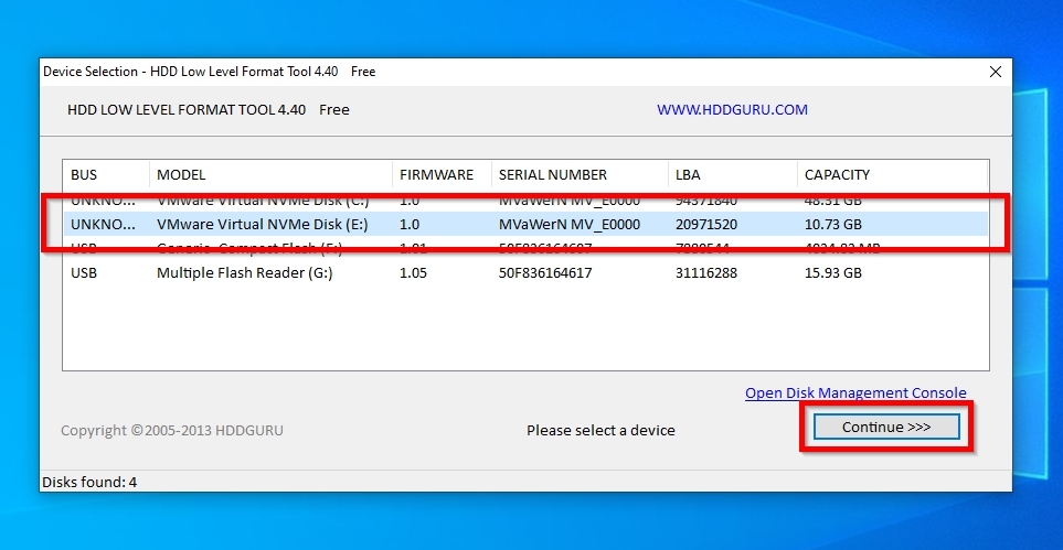 HDDGuru Low Level Format Tool Selecting Device To Format