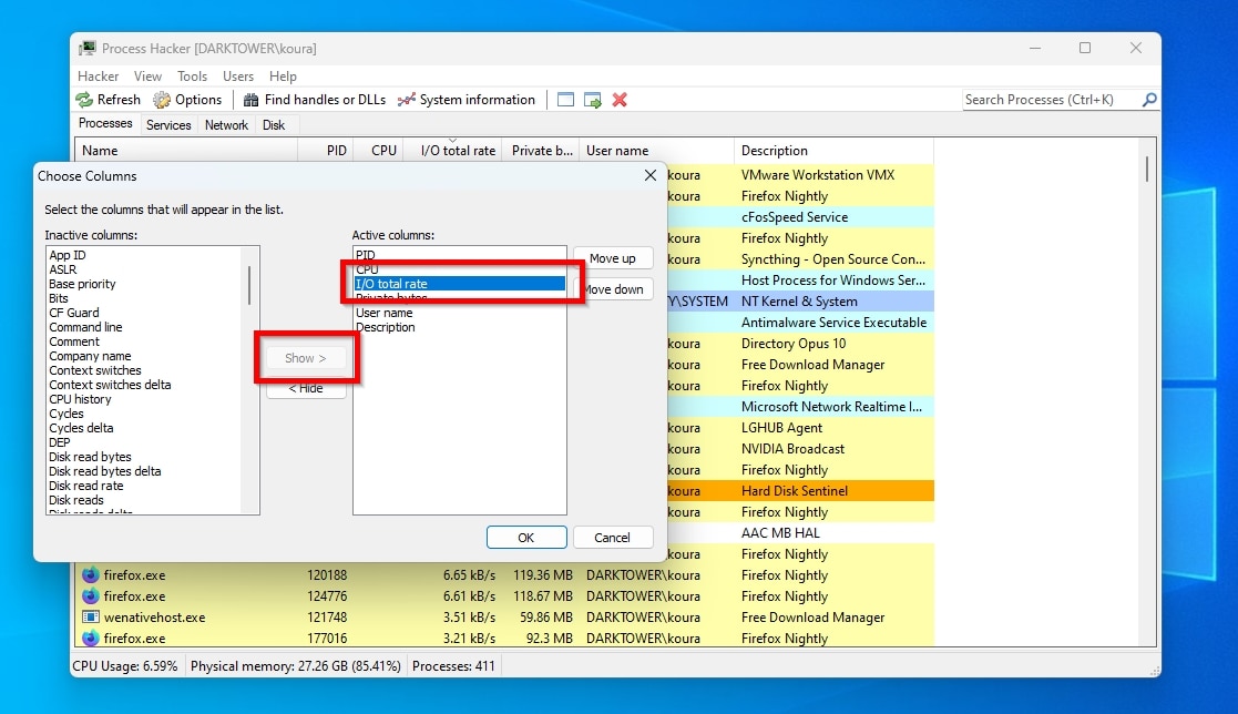 Process Hacker Show IO Total Rate