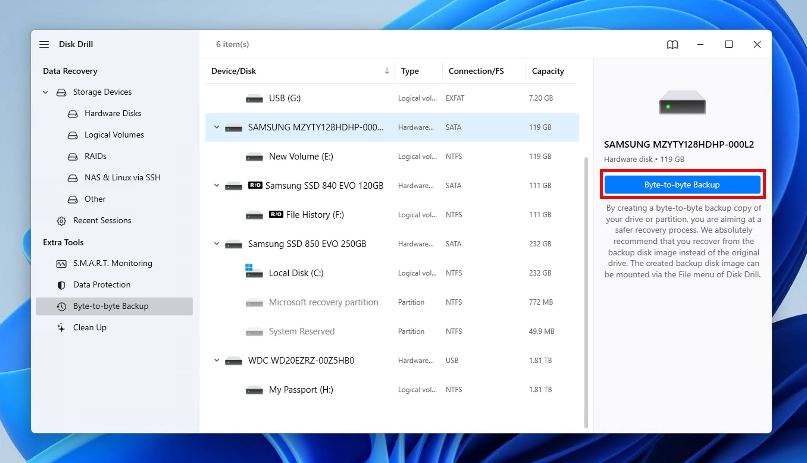 byte to byte backup disk drill