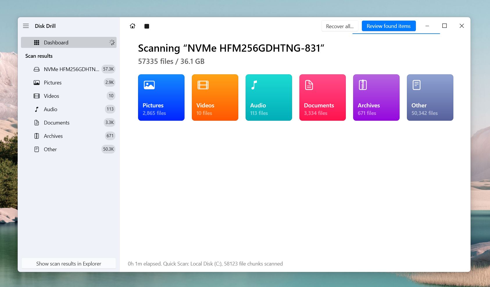 Results in categories like Archives, Documents, and Others