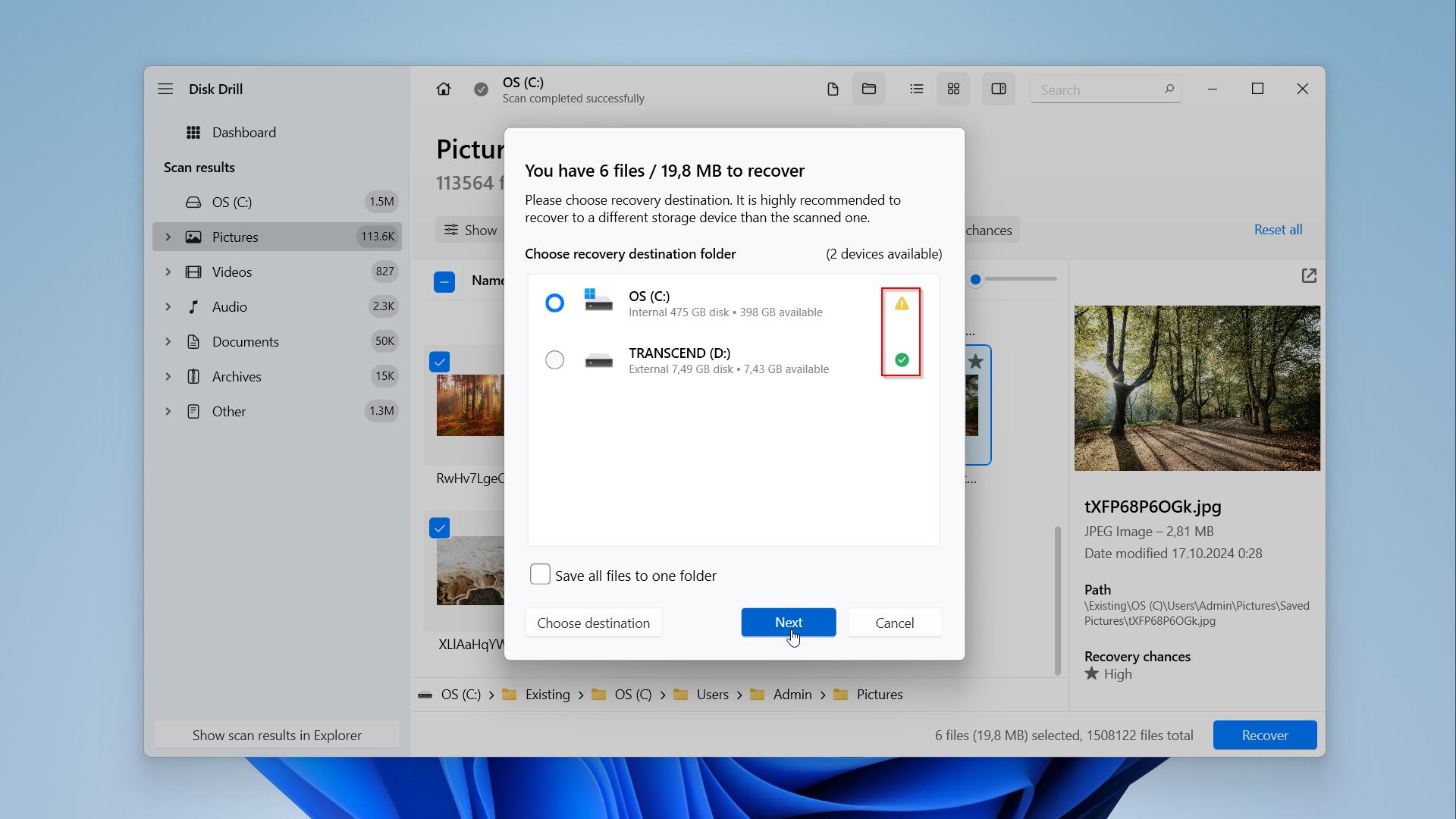 Disk Drill select recovery location