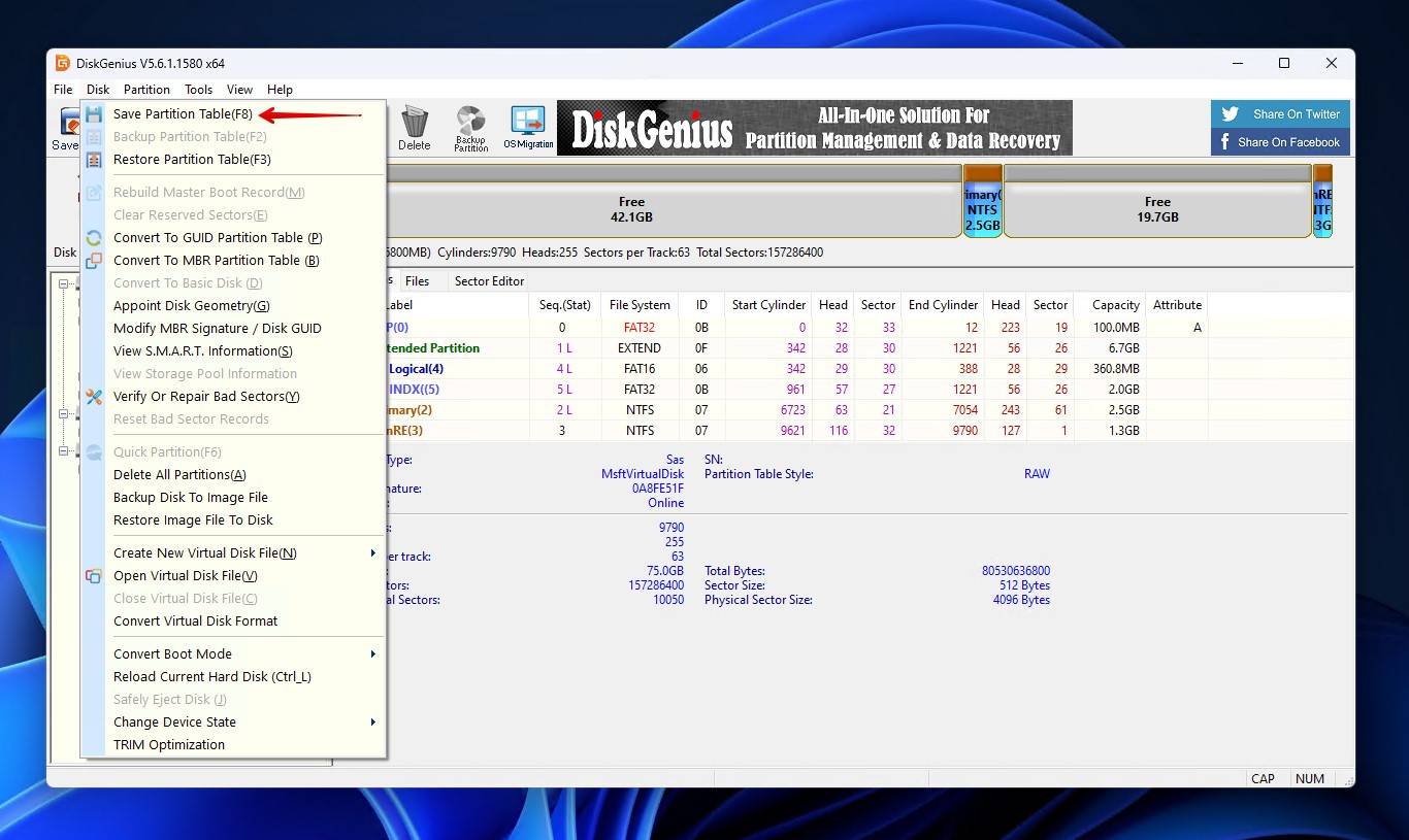 Save partition table