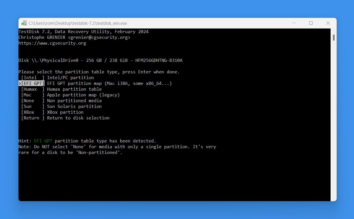 TestDisk will typically detect the partition table type automatically