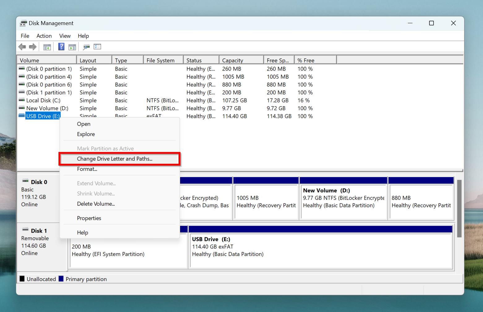 Change drive letter and paths context menu in Disk Management