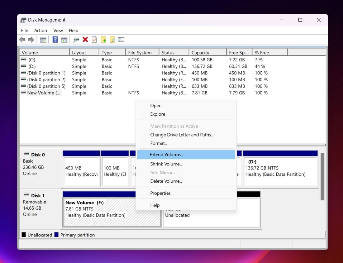 Select Extend Volume… from the menu
