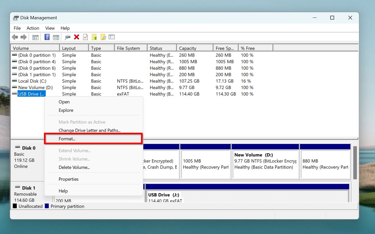 The Format option in Disk Management