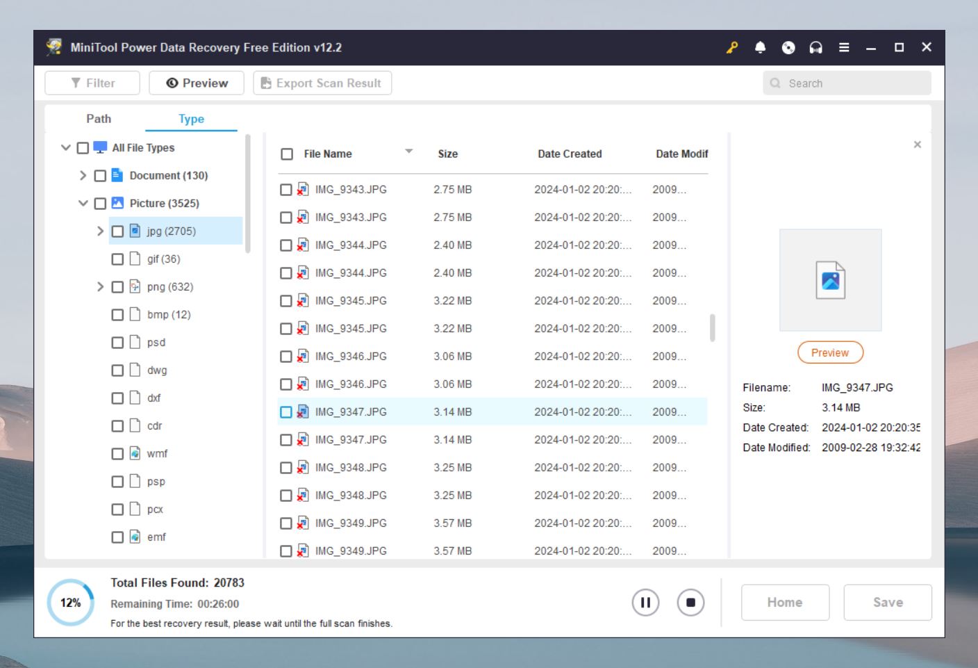 MiniTool Power Data Recovery organizes the results into Path and Type