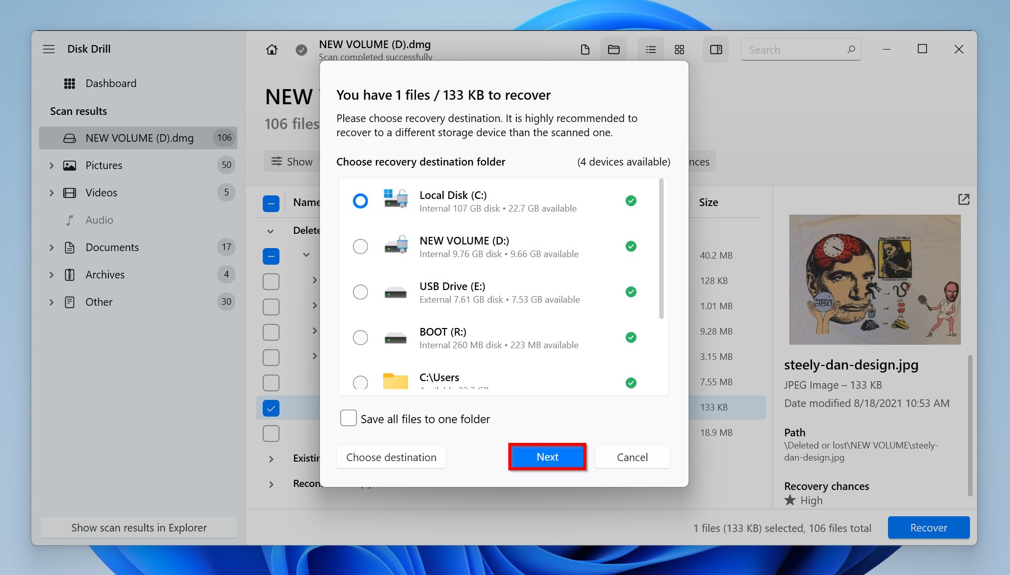 Recovery destination prompt in Disk Drill