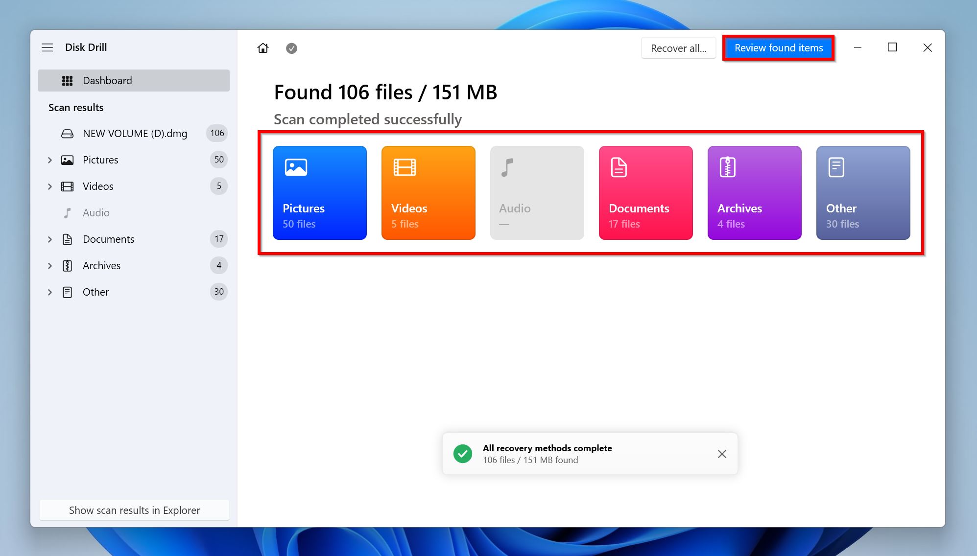 Review found items screen in Disk Drill