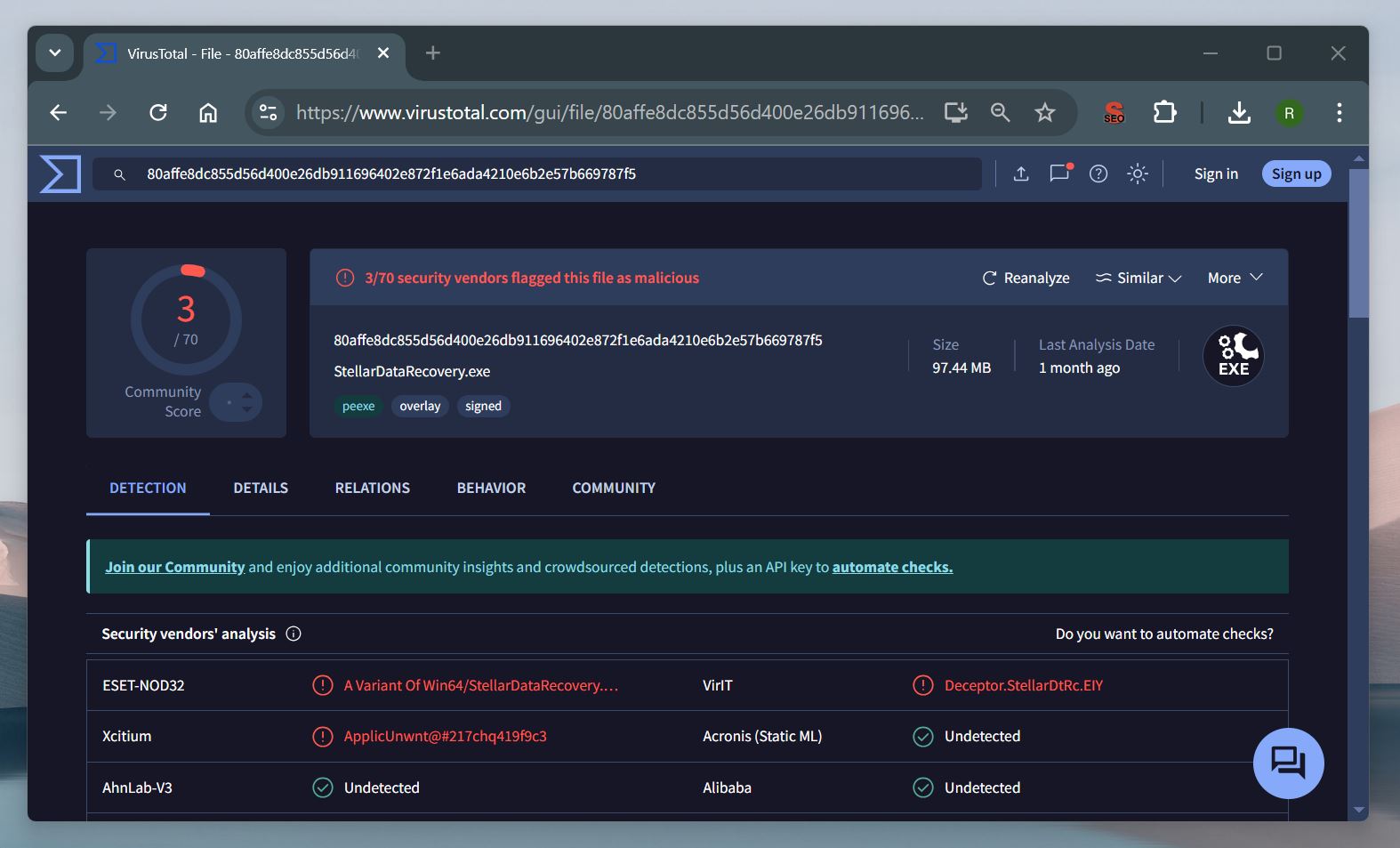 VirusTotal results for Stellar Data Recovery installer