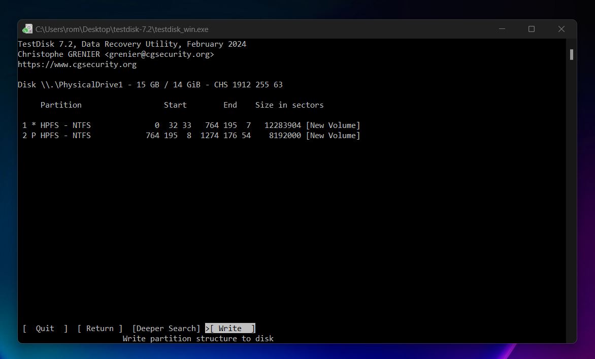 Choose [Write] to update the partition table