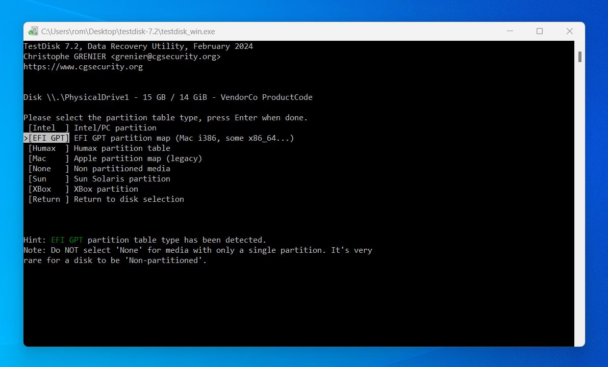 Select partition table type