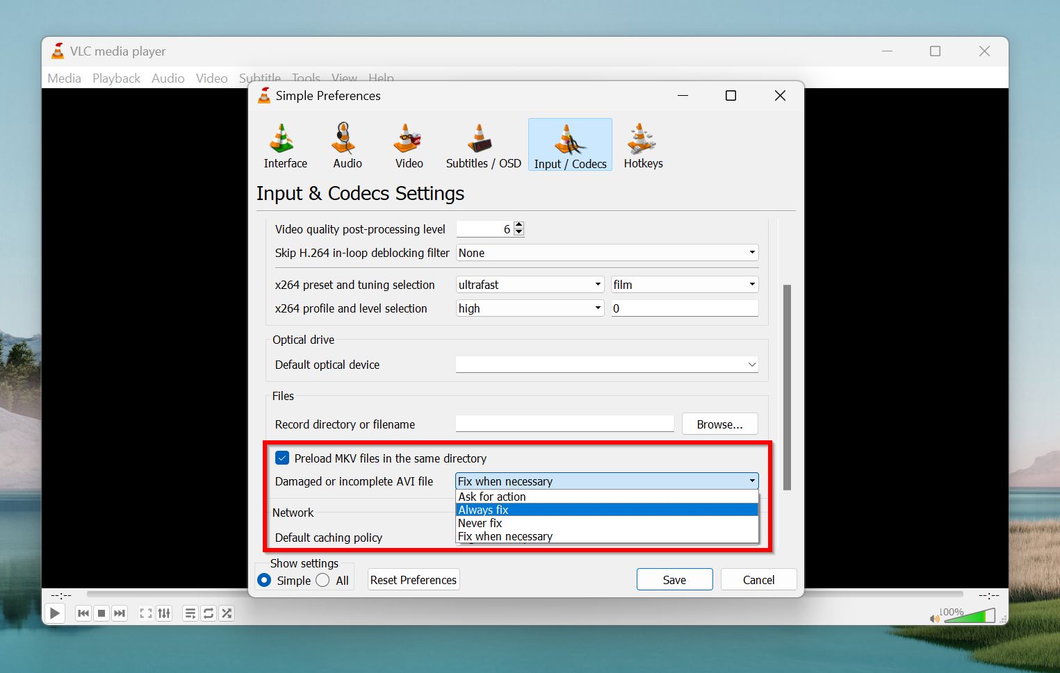 Always fix option in VLC