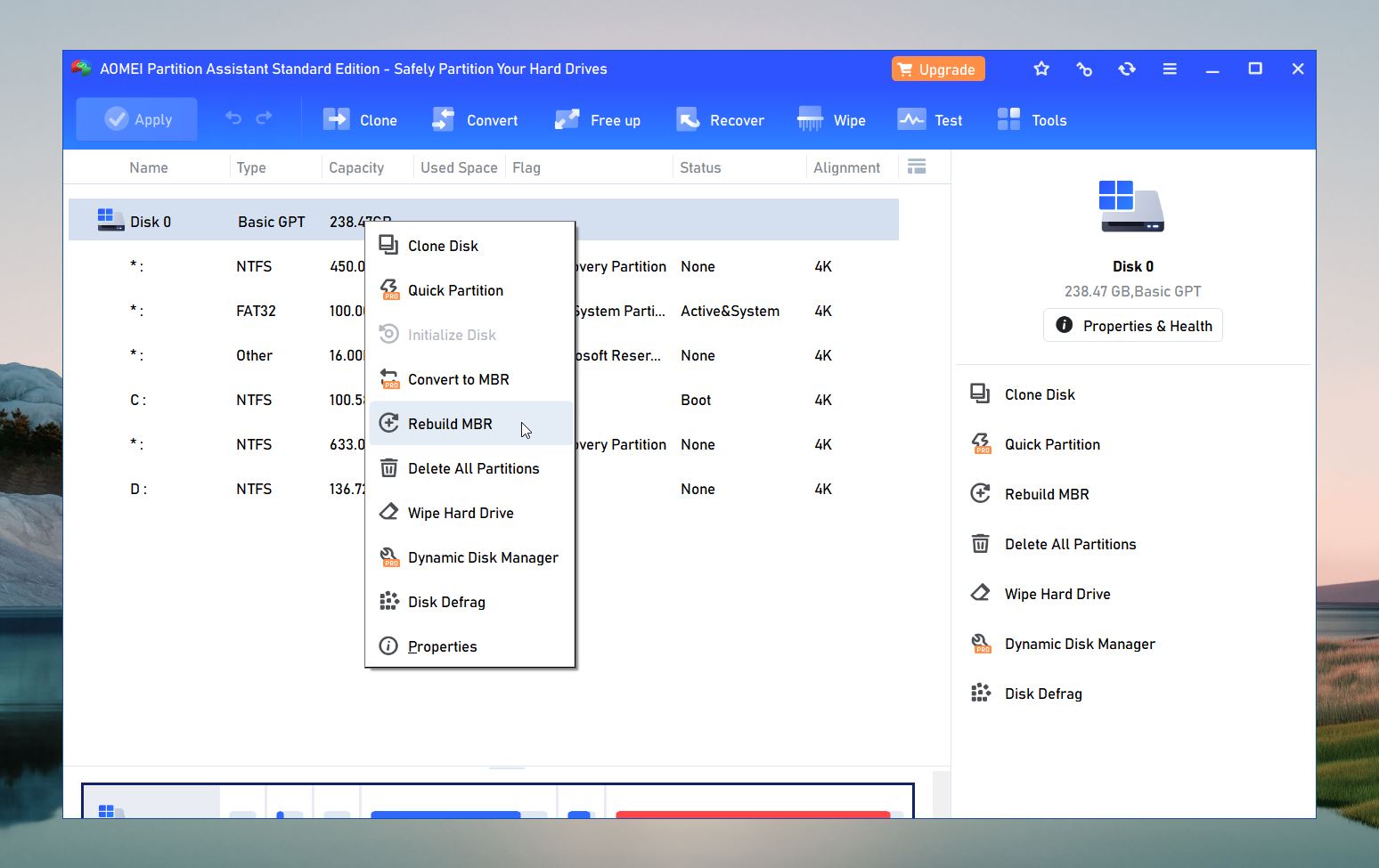 Selecting the Rebuild MBR option in AOMEI Partition Assistant.