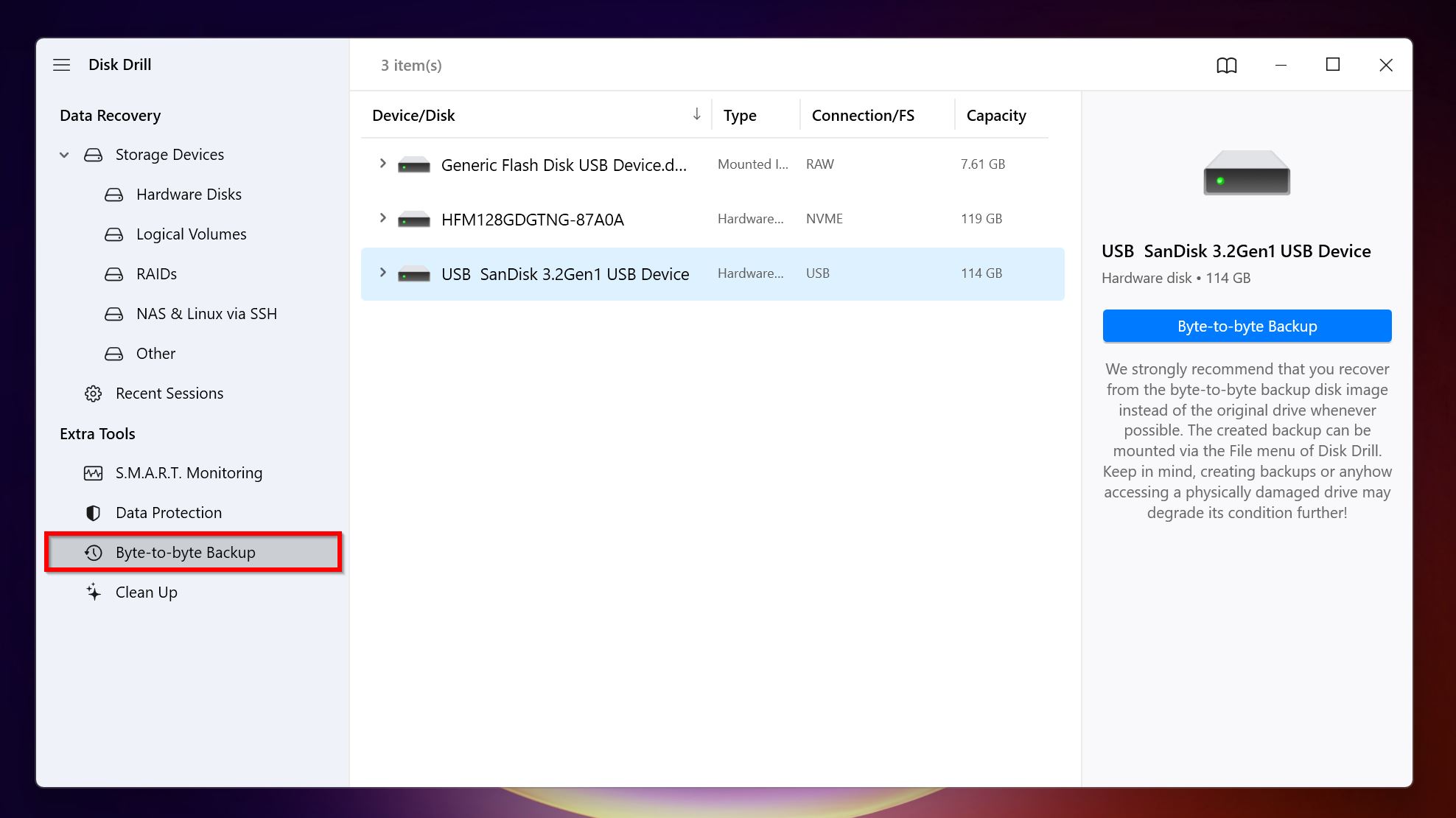 Byte-to-byte backup screen in Disk Drill