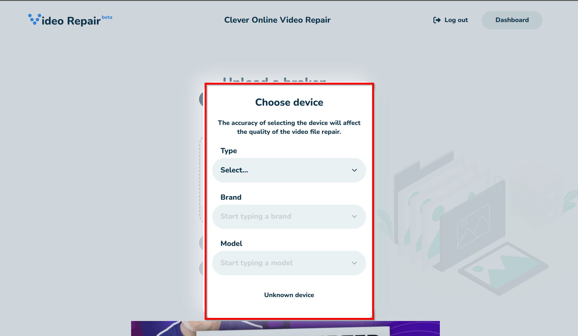 Device selection screen in Clever Online Video Repair