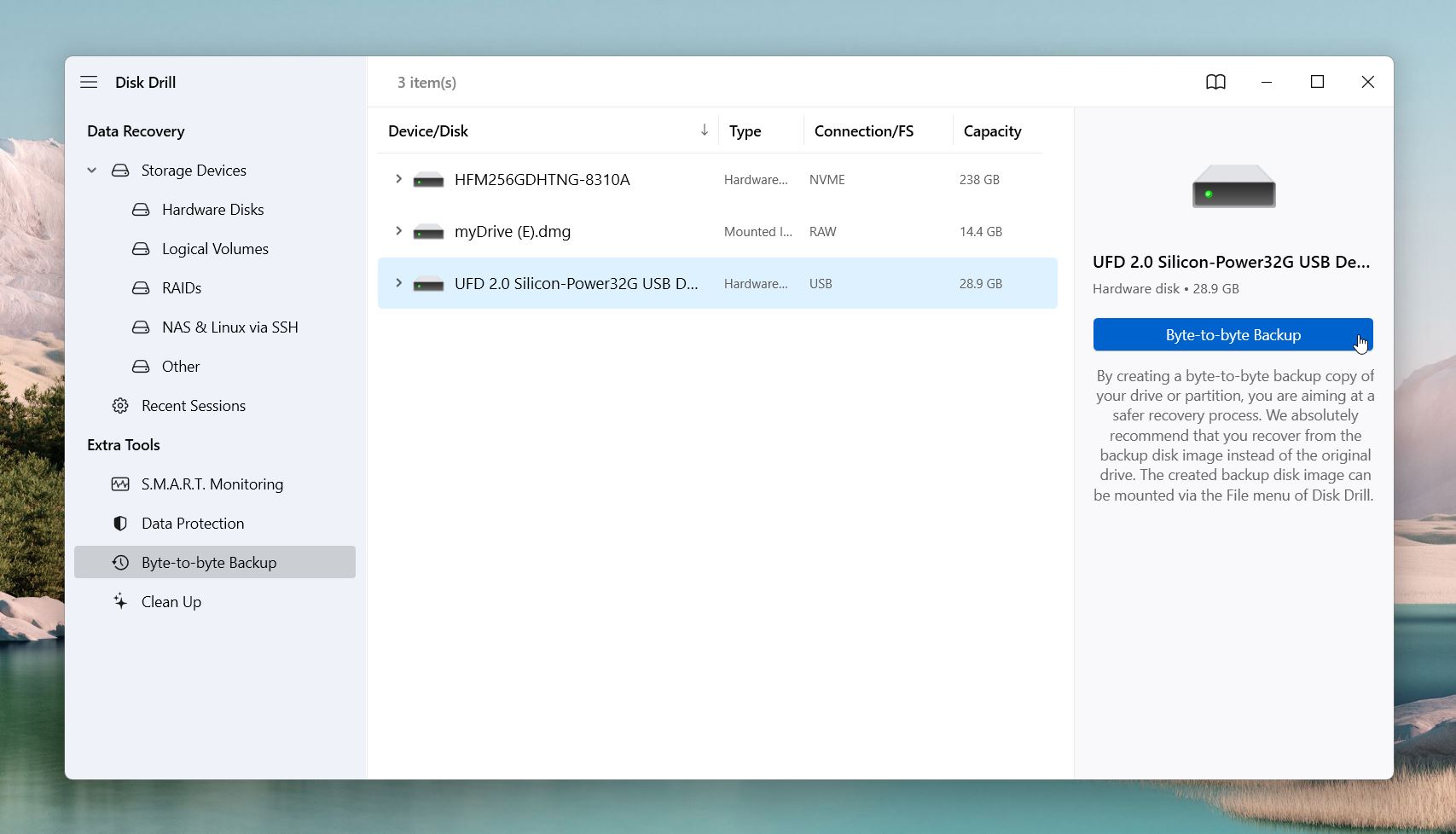 Look for the Byte-to-Byte Backup option