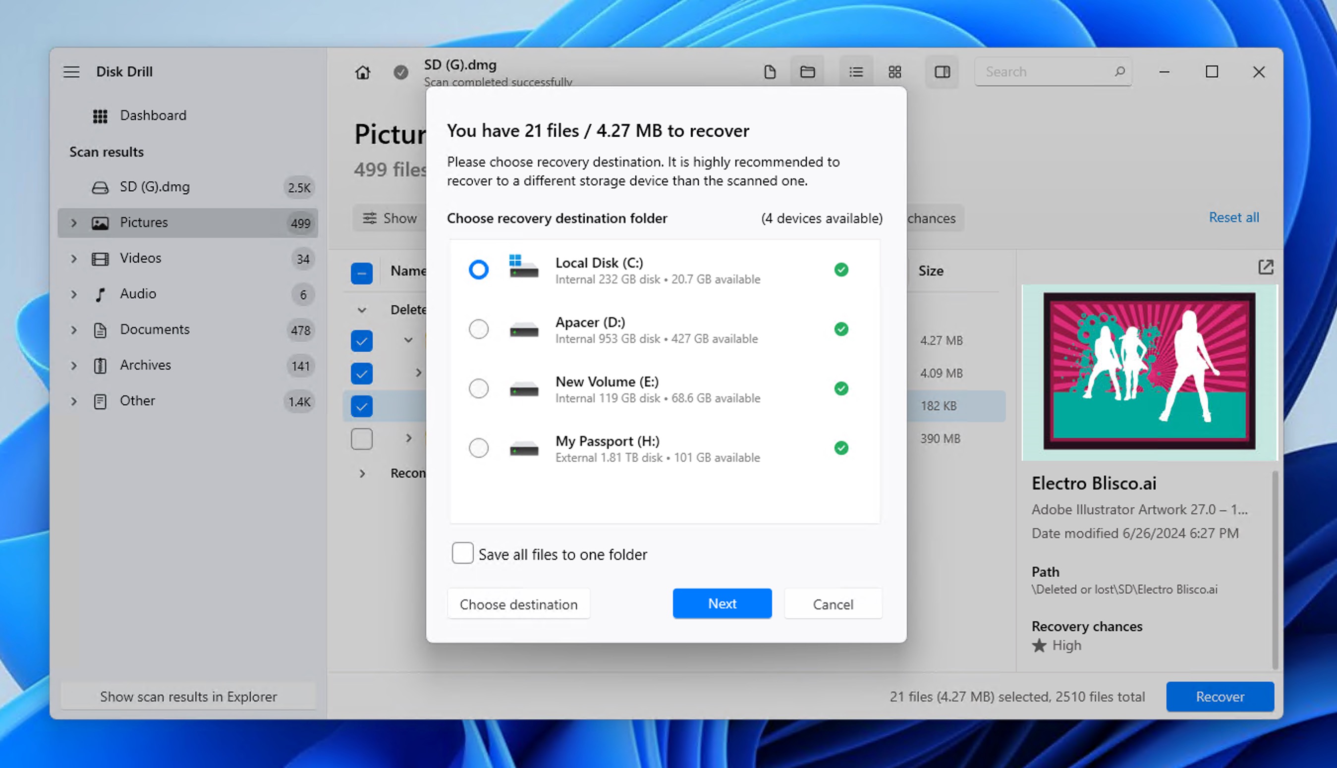 Disk Drill recovery destination for data from formatted partition