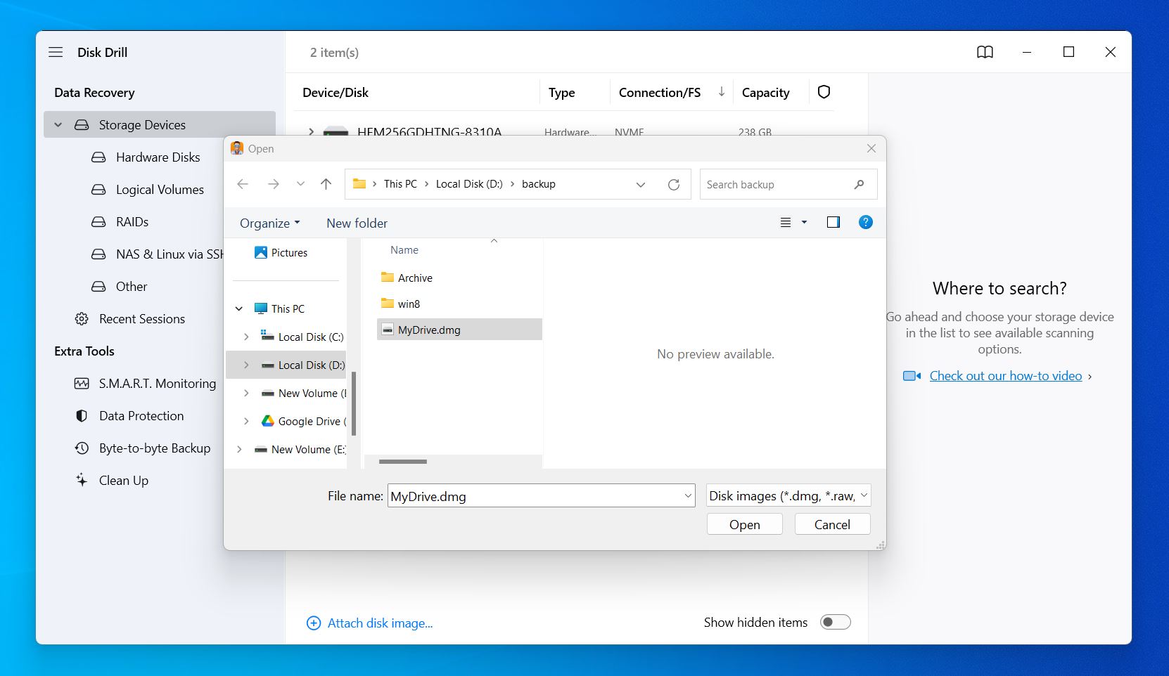 Selecting the image file of corrupted hard drive in Disk Drill.