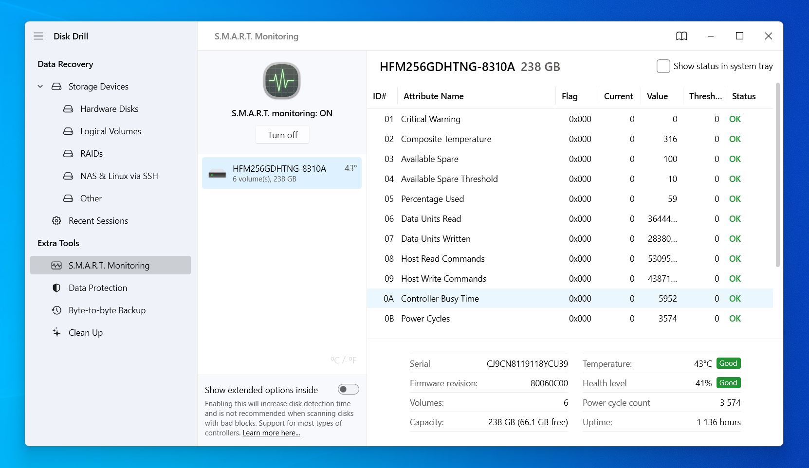 S.M.A.R.T. Monitoring feature in Disk Drill.