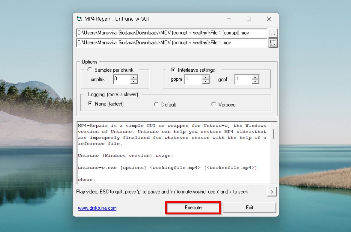 Execute button in MP4 Repair Untrunc-w GUI