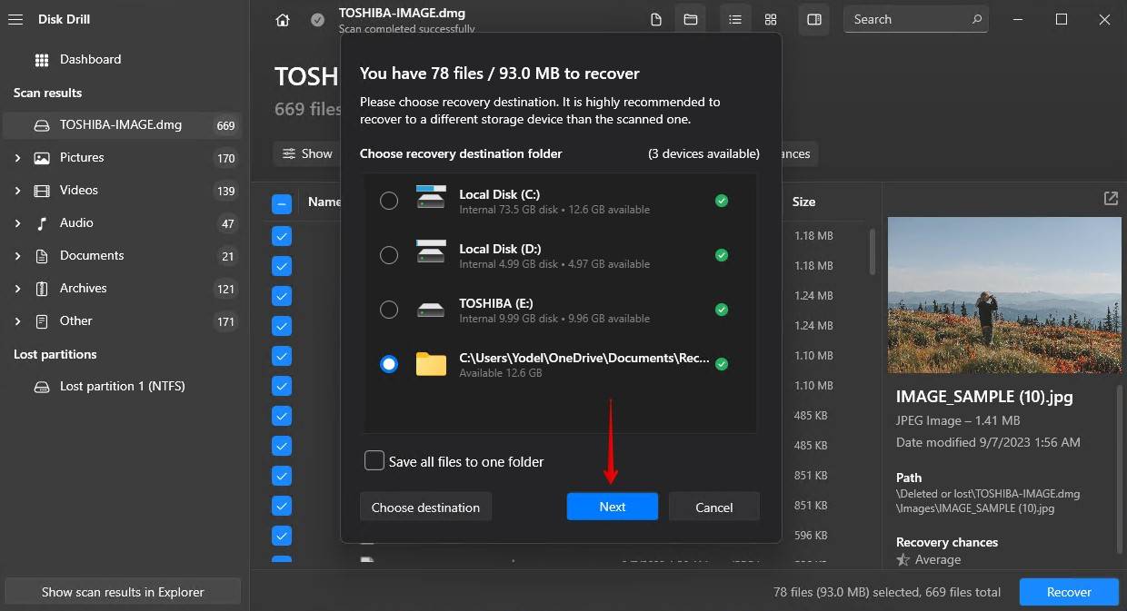 Recovering the data from the Toshiba image.