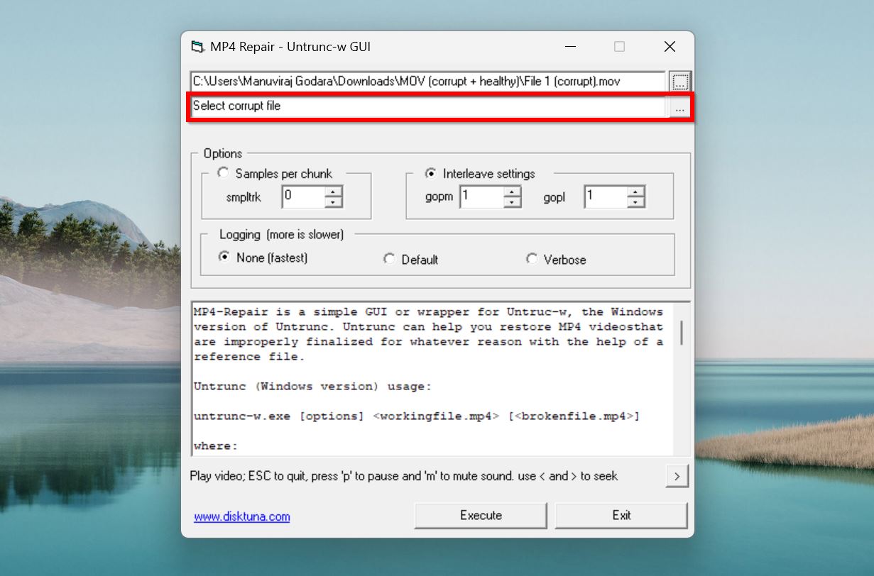 Select corrupt file button in MP4 Repair Untrunc-w GUI