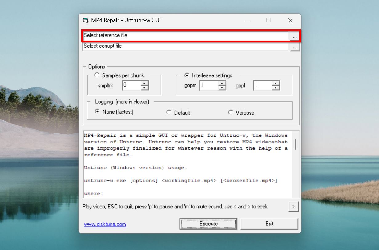 Select reference file button in MP4 Repair Untrunc-w GUI