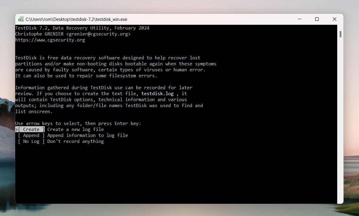 Selecting the Create, Append, or No Log option in TestDisk.