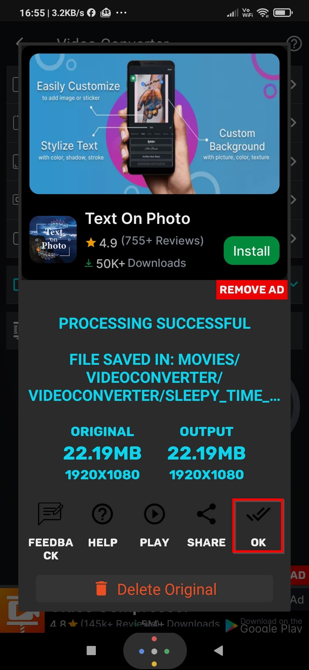 Video Converter Compressor OK Option After Processing Completes