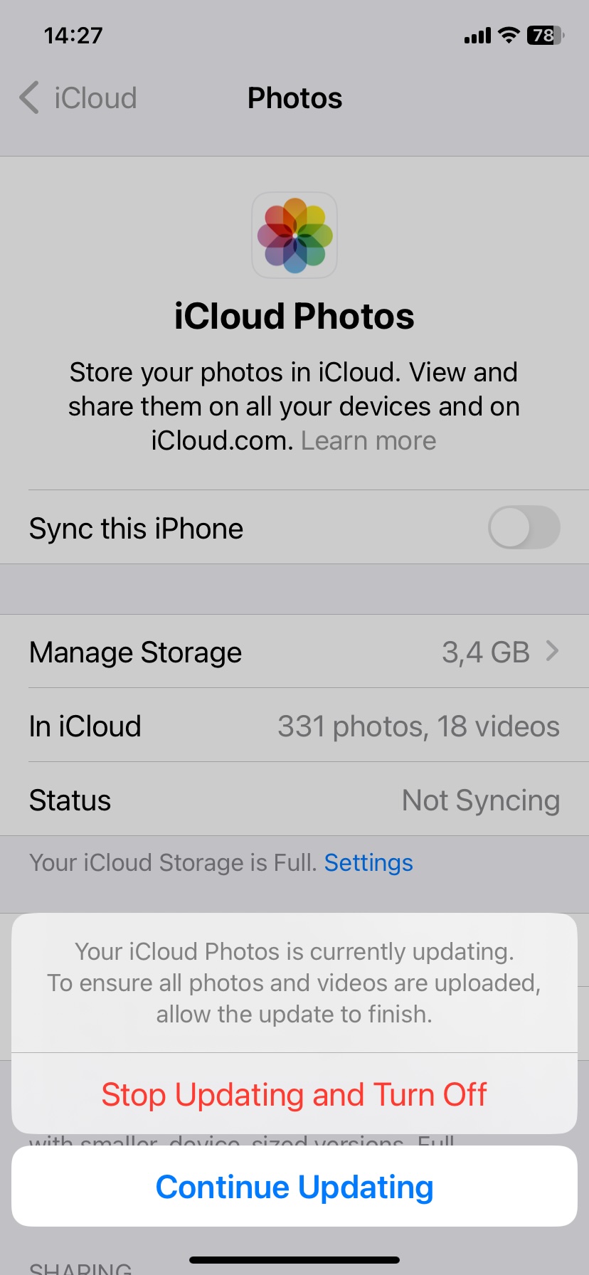 Toggle off the iCloud Photos