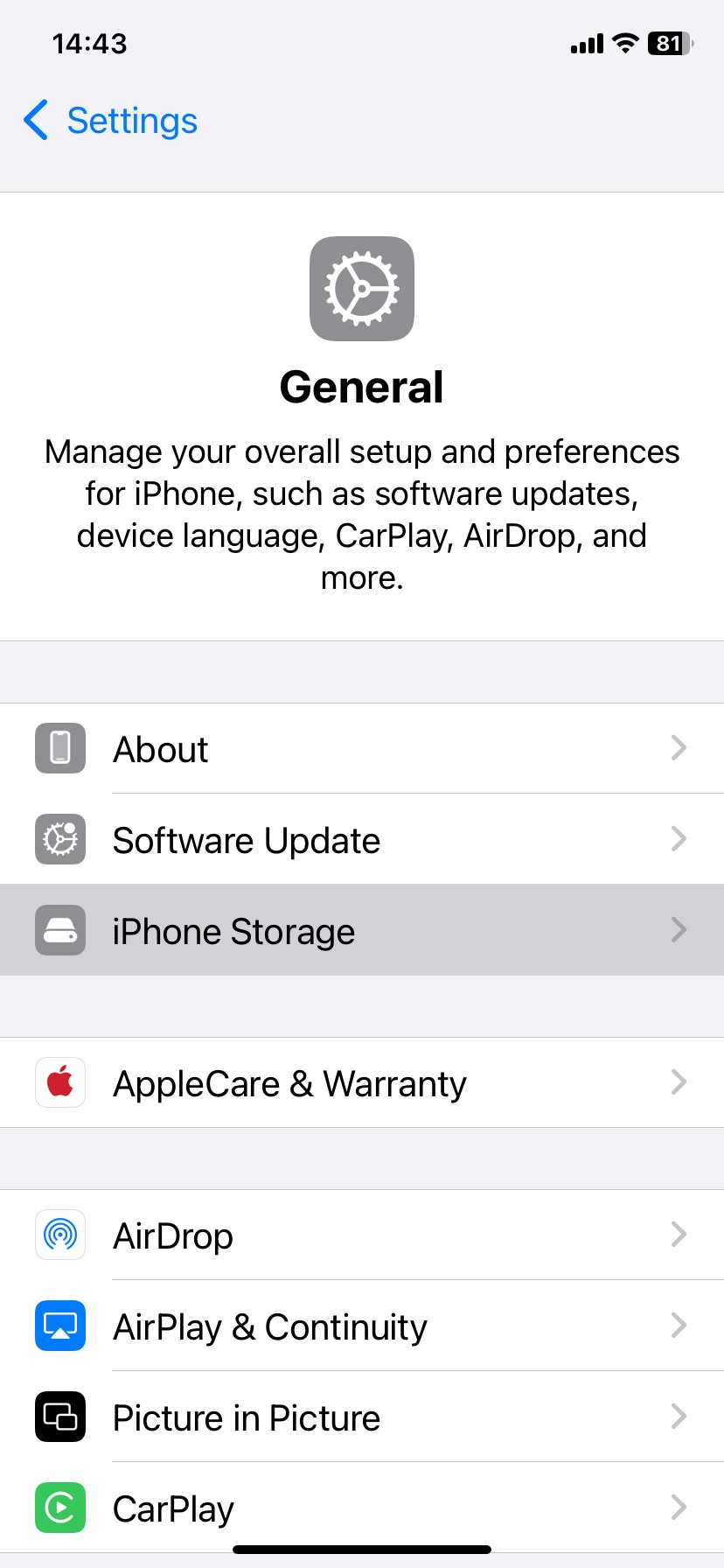 Go to General and then iPhone Storage